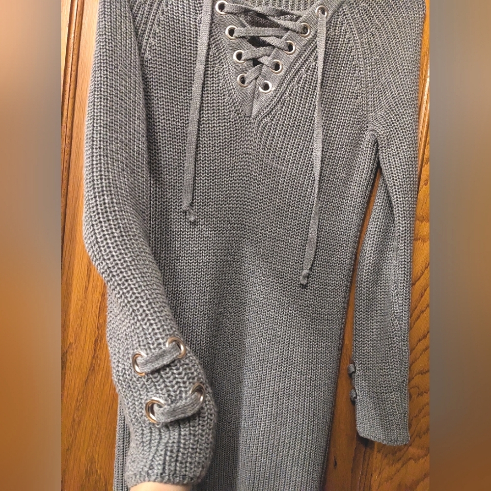 Grey Knit Sweater Dress Size Large with Lace up Neck and Silver Metallic Sleeves